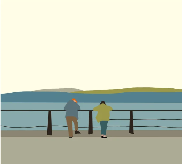 男人和女人站在桥上看着湖面 清晨寒冷的早晨 自然界中的和平气氛 享受新鲜的空气 后视镜平面设计矢量插图 — 图库照片