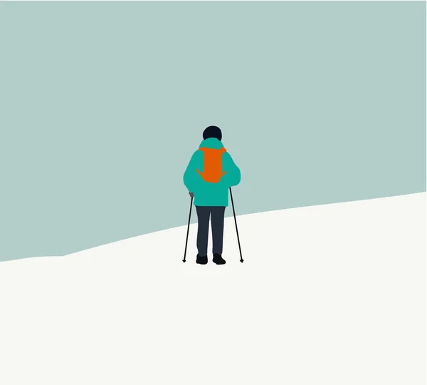 Człowiek Kijami Trekkingowymi Ręku Pełnym Biegu Wędrówkę Górach Zimą Płaska — Zdjęcie stockowe