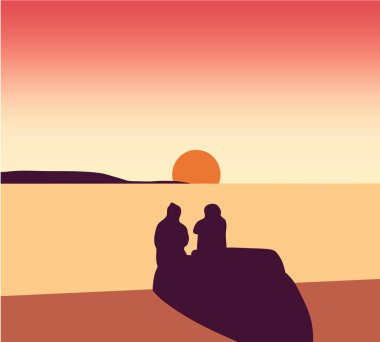 Silhouette couple man and woman sitting together on beach under sunset sky background. vector illustration.