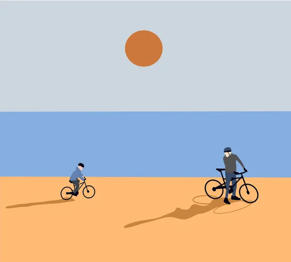 아버지와아 자전거를 해변에서 즐거운 시간을 보냅니다 아이들은 자전거타는 배웁니다 일러스트 — 스톡 사진