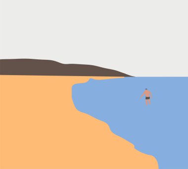 Genç bir adam güneşli bir günde tropik bir plaj yazında sudan çıkıyor. Tropik tatil. Deniz vektörü illüstrasyonunda dinlenme.