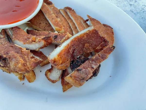 Porco Frito Com Ingrediente Alho Comer Com Arroz Pegajoso Muito — Fotografia de Stock