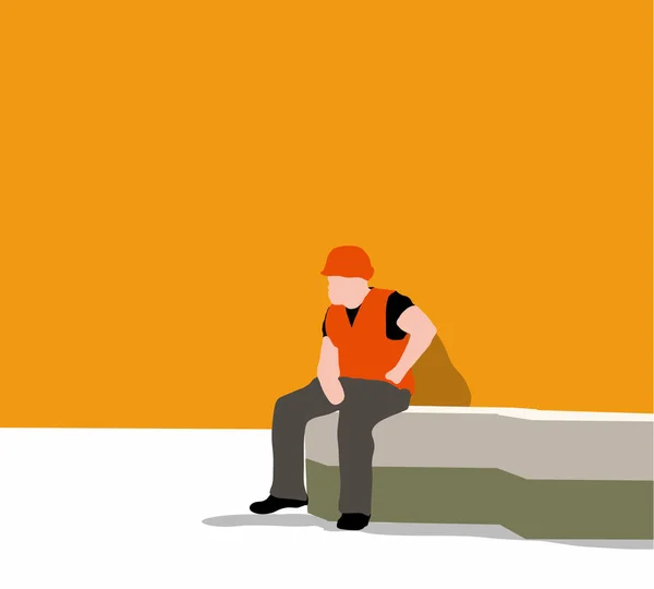 Trabajador Construcción Chaleco Naranja Sombrero Sentado Descansando Lado Carretera Concepto — Foto de Stock