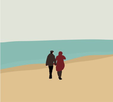 Couple having fun walking and hugging on beach during winter holiday trip. Recreation travel lifestyle, coastal exterior.