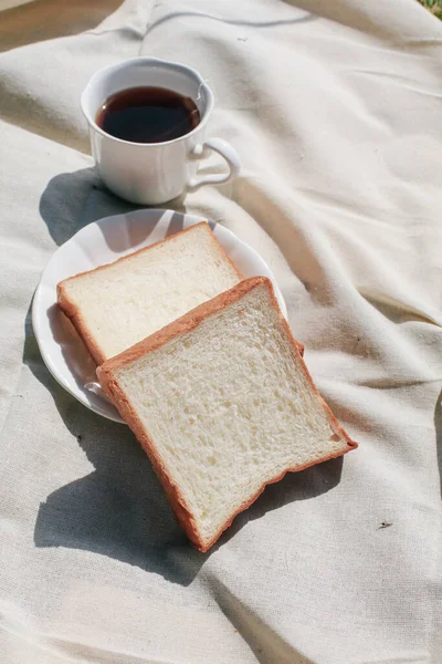 Coffee Bread Picnic Blanket Background Relaxing Holiday Still Life Concept — Fotografia de Stock