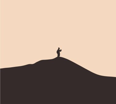 Silhouette tourist standing on the peak of high rocks. Mountain cliff looking at sunrise. Copy Space Vector Illustration