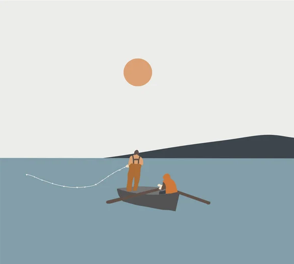 Men Pulling Fishing Net Sea Fishing Industry Cartoon Flat Vector — Stockfoto