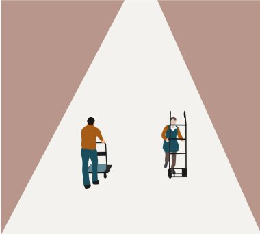 Üniformalı bir işçi depo koridorunda el arabasını itiyor. Lojistik endüstrisi konsepti. Vektör illüstrasyonu