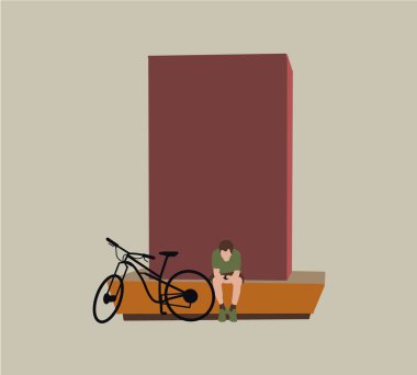 Bisikletli bir adam şehirde oturmuş akıllı telefonlara bakıyor. Boş zaman, dinlenme. Düz vektör illüstrasyonu