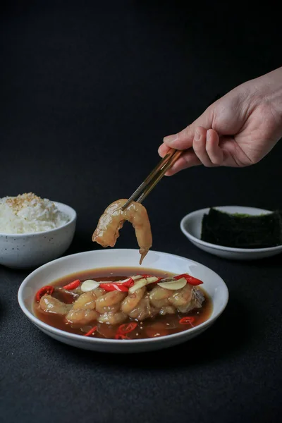 Pickled Shrimps Saewoo Jang Marinate Raw Shrimps Chili Garlic Soy — Stock Photo, Image