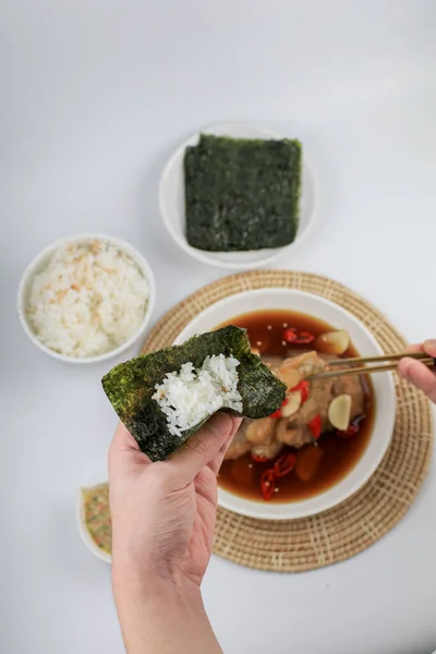 Inlagda Räkor Koreanska Sojasås Marinerad Koreansk Mat Stil Serveras Seaweed — Stockfoto