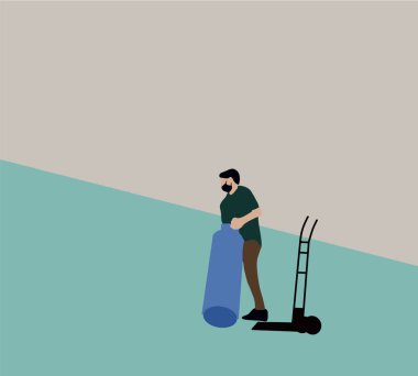 Sıvılaştırılmış petrol silindirleri ve eve el arabası teslimatı. Çizgi film Düz Vektör İllüstrasyonu.