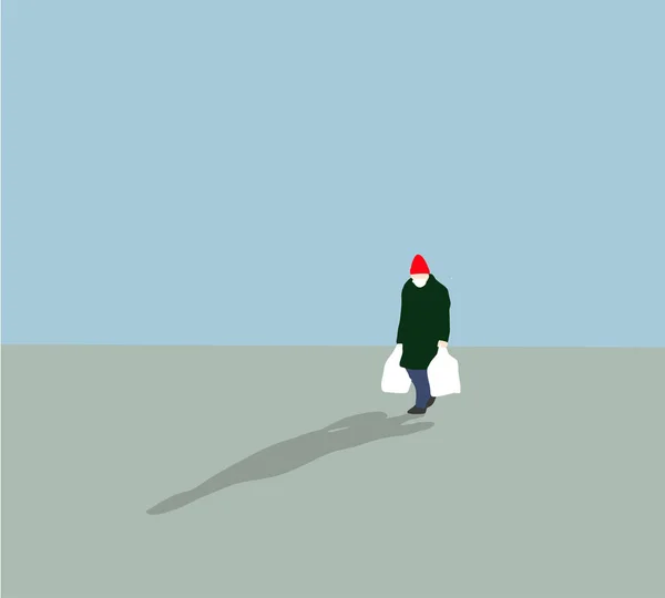 Elinde Plastik Poşetler Olan Kırmızı Şapkalı Bir Adam Sokakta Yürüyor — Stok fotoğraf