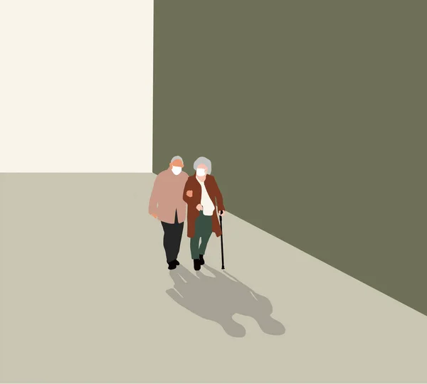 Oudere Mensen Lopen Straat Dragen Een Masker Vector Illustratie Platte — Stockfoto