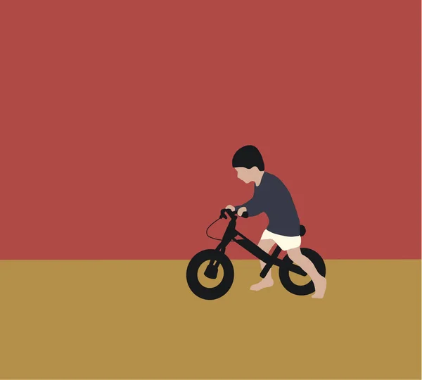 Kid learning to ride with balance on run bicycle. Sport for kids. Copy Space. Flat style vector illustration isolated