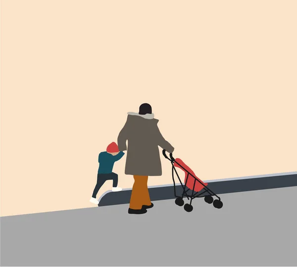 Kid Walking Mother Baby Carriage City Street Happy Family Concept — 스톡 사진