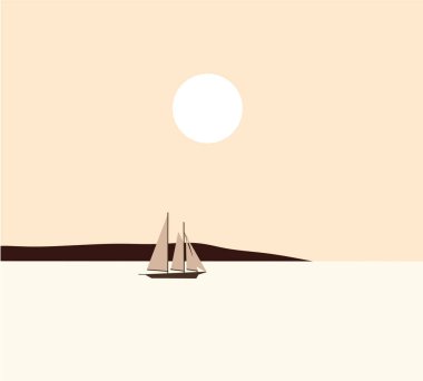 Sail boat on sea water during Summer Holiday. Luxury yacht race, ocean sailing regatta. Nautical worldwide yachting or traveling. Seaside Sunset Minimalist Style flat color vector.