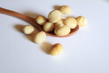 Beyaz arka planda tahta kaşıkta Macadamia fındıkları. Sağlıklı ürün. Macadamia fındıkları sağlıklı vitaminlerle dolu bir protein kaynağıdır..