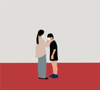 Mother putting on face mask on her kid for protection against virus infection and air pollution. Outbreak, epidemic, pandemic. Vector illustration