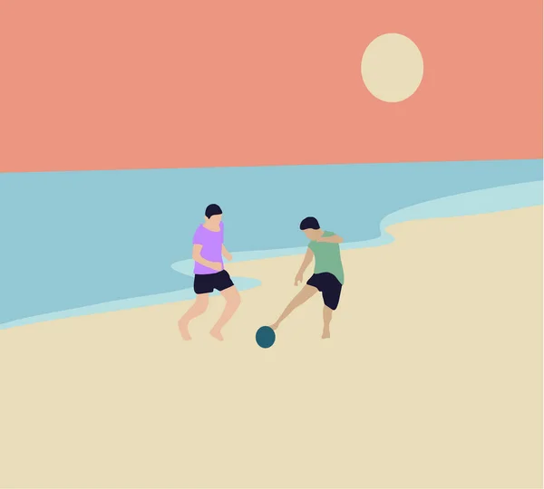 Boy playing ball at summer beach during vacation and holidays leisure on ocean coastline. Recreation cartoon vector illustration