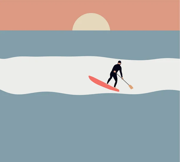 Surfer Mit Paddelbrett Fangen Die Welle Auf Dem Meer Stand — Stockfoto