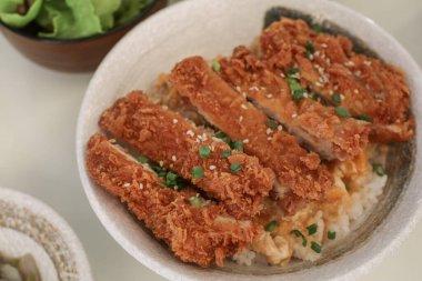 Domuz Tonkatsu pirzolası ya da Japon pilavlı kızarmış tavuk. Basit bir konseptle süslenmiş sulu tavuk..