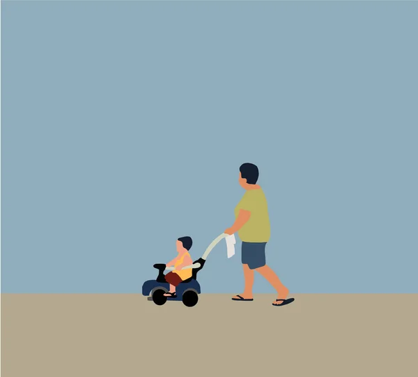 Anne Küçük Bebek Arabayla Sokakta Birlikte Yürüyorlar Çizgi Film Nsanları — Stok fotoğraf