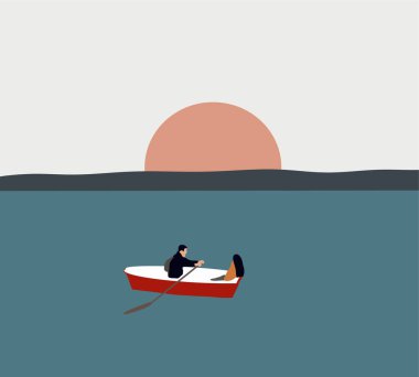Gün batımında göl kenarında kürek çeken aşık bir çift. Vector Illustration Romance Boat Ride çizgi filmi. Aşk Bildirgesi İçin Sessiz Yer.