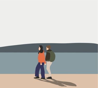 Sırt çantalı genç bir çift seyahat ediyor. Turistler, genç gezginler birlikte seyahat eder. Tatil ve turizm konsepti. Düz vektör illüstrasyonu.