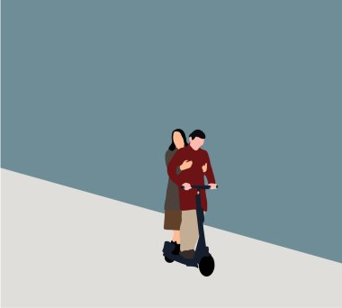 Modern şehir yaşamı ve ulaşımı sırasında birkaç aşık elektrikli scooter kullanıyor. Aşk ve eğlence konsepti