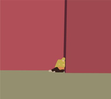 Evsiz adam sokakta gölgede uyuyor. Renkli vektör illüstrasyonu.