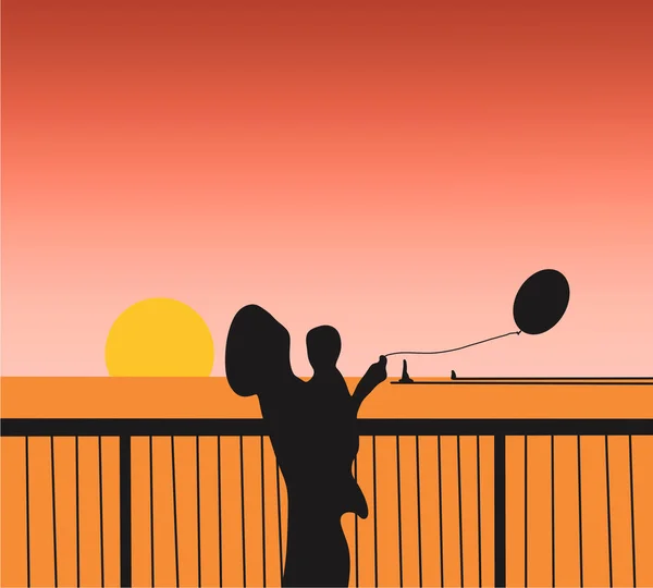 Silhouette mother holding balloon with son in the sunset near river. holiday. vector illustration flat design. Mother day concept.