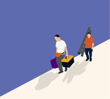 Alet çantası ve merdiveni olan adam servis için bekliyor. Karakterler Ustabaşı Düz Çizgi Film İllüstrasyonu