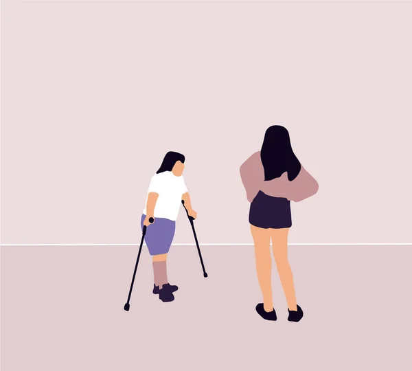 Injured woman on crutches talking with her friend. Vector illustration for support, diversity, disability, lifestyle concept