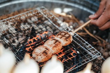 Tuzlu tatlı soslu Gilled Mitarashi Dango şişi Japonya 'da pirinç unundan yapılan Japon hamur tatlısı ve tatlısıdır.