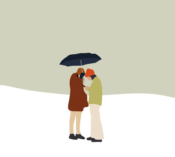 Две Подруги Гуляют Зонтиком Помощью Смартфона Разговаривают Проводят Время Вместе — стоковое фото