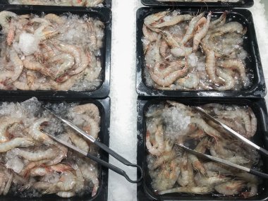 Buzlu taze karidesler. Balık pazarındaki deniz ürünleri. Mutfak yemeği konsepti.