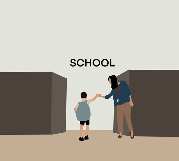 Boy Backpack Greeting His Teacher School Entrance Door Back School — Zdjęcie stockowe