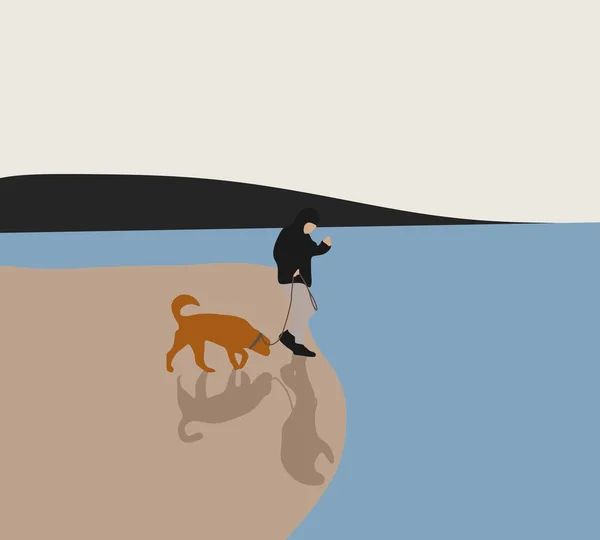Чоловік Собака Ходять Зимовому Пляжі Під Час Відпустки Насолоджуючись Концепцією — стокове фото