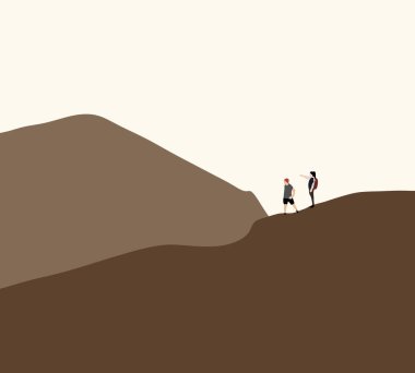 Hikers on the trail in the mountains during road trip. Active fit lifestyle concept. Relaxing in nature. Minimal style.