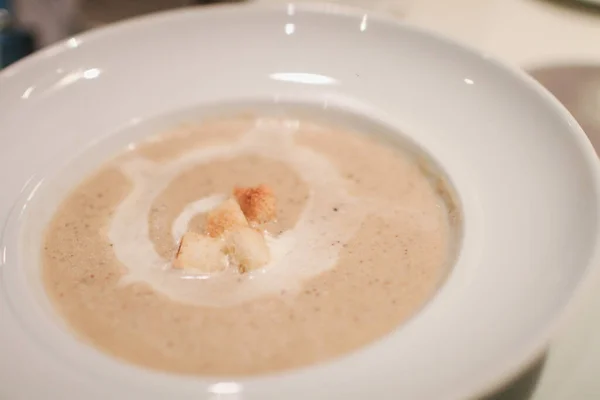 Creamy White Mushroom Soup Bread Top White Plate Italian French — Stock Fotó
