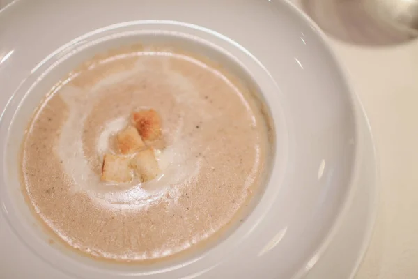 Creamy White Mushroom Soup Bread Top White Plate Italian French — Stock Fotó