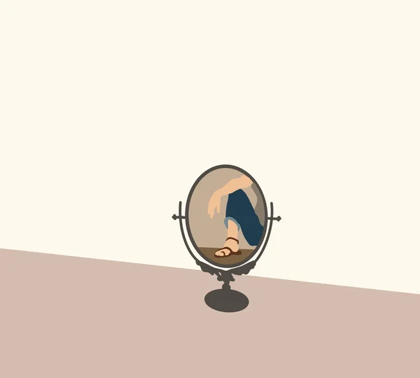 Woman Sitting Floor Reflected Mirror Elegant Artistic Mini Circular Mirror — Zdjęcie stockowe