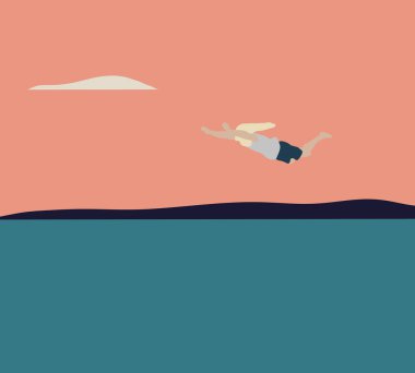 Surreal freedom Man with cloud cover head flying on pink sky. Concept of imagination and dream. Relax and forget about troubles and worries.