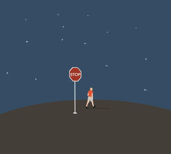 Imagination Man Walking Stop Sign Moon Space Surreal Concept Death — Foto Stock