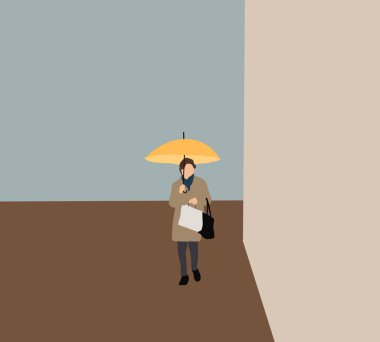 Woman with a yellow umbrella and shopping bags walking on street. Successful female shopper outside