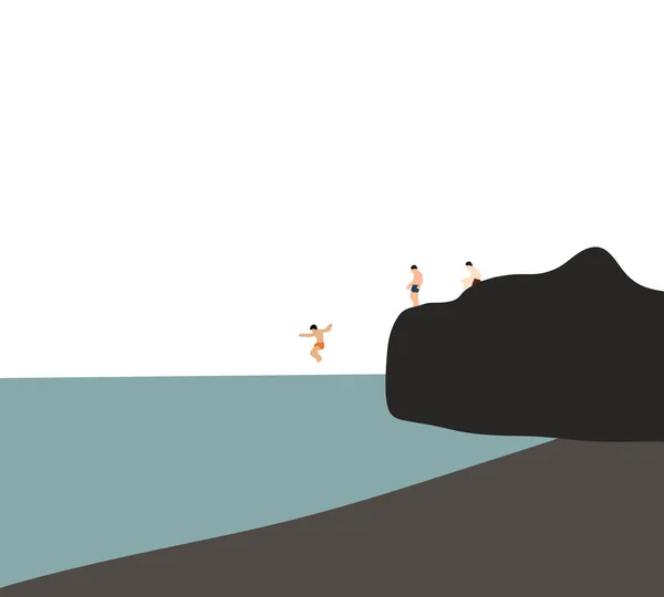 人的悬崖在度假时跳入大海 夏天快乐探险户外生活 — 图库照片