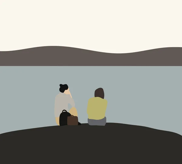2人の若い女性が座って湖の近くの岩の上で話している 屋外で休息や旅行 休暇中の素敵なレズビアンカップル チューブとレズビアン 権利と平等 — ストック写真