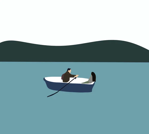日没時に湖でボートを漕ぐカップル 幸せな女性と男日付一緒に水の上でリラックス — ストック写真
