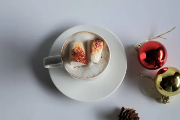 Cokelat Panas Atau Kopi Dengan Marshmallow Minuman Musim Dingin Yang — Stok Foto
